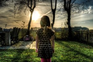 girl, bicycle, garden, people, outdoor, romantic, young, child, backyard, fence, grass, sunset, sky, clouds, trees, hdr, creepy, childhood, nature, kid, little, person, female, small, innocence, daughter, preschooler, yard, twilight